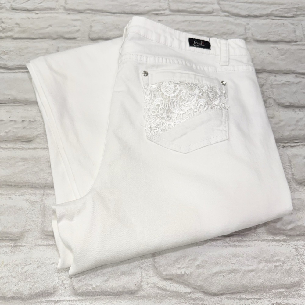 Earl Jeans White Straight Leg Stretch Denim Woman 14 Lace Embroidered Rhinestone